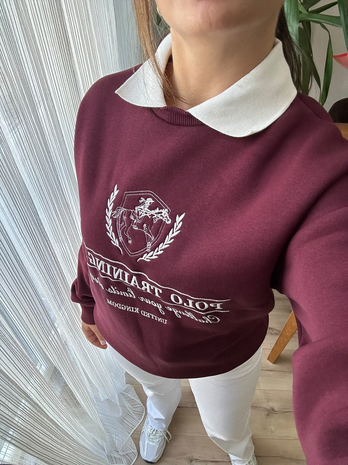 Bordo Polo Yaka Baskılı Sweatshirt