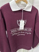 Bordo Polo Yaka Baskılı Sweatshirt