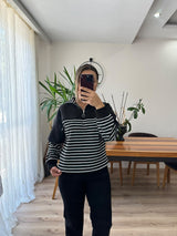 Siyah Çizgili Yarım Fermuarlı Sweatshirt