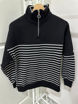 Siyah Çizgili Yarım Fermuarlı Sweatshirt