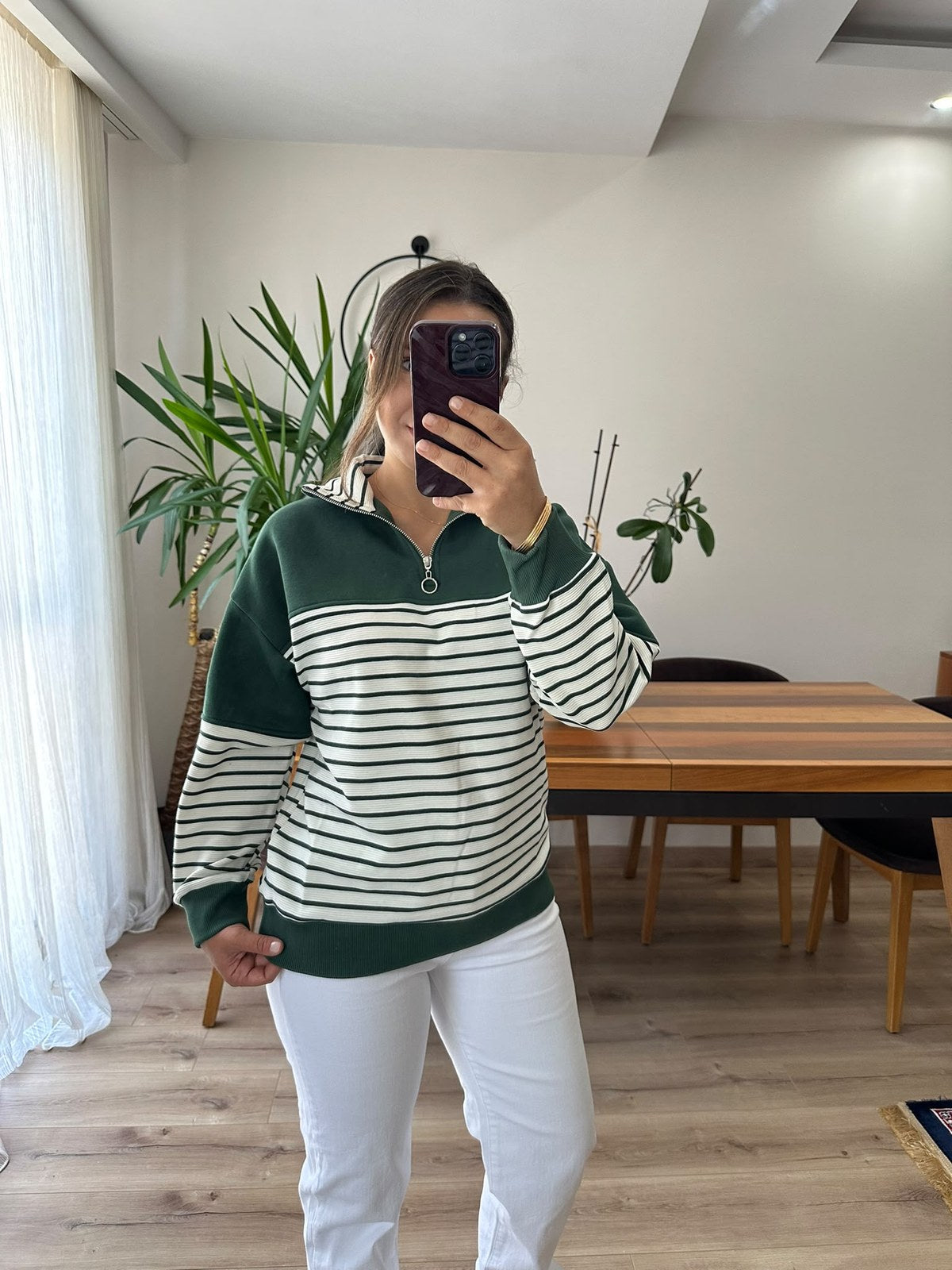 Yeşil Çizgili Yarım Fermuarlı Sweatshirt