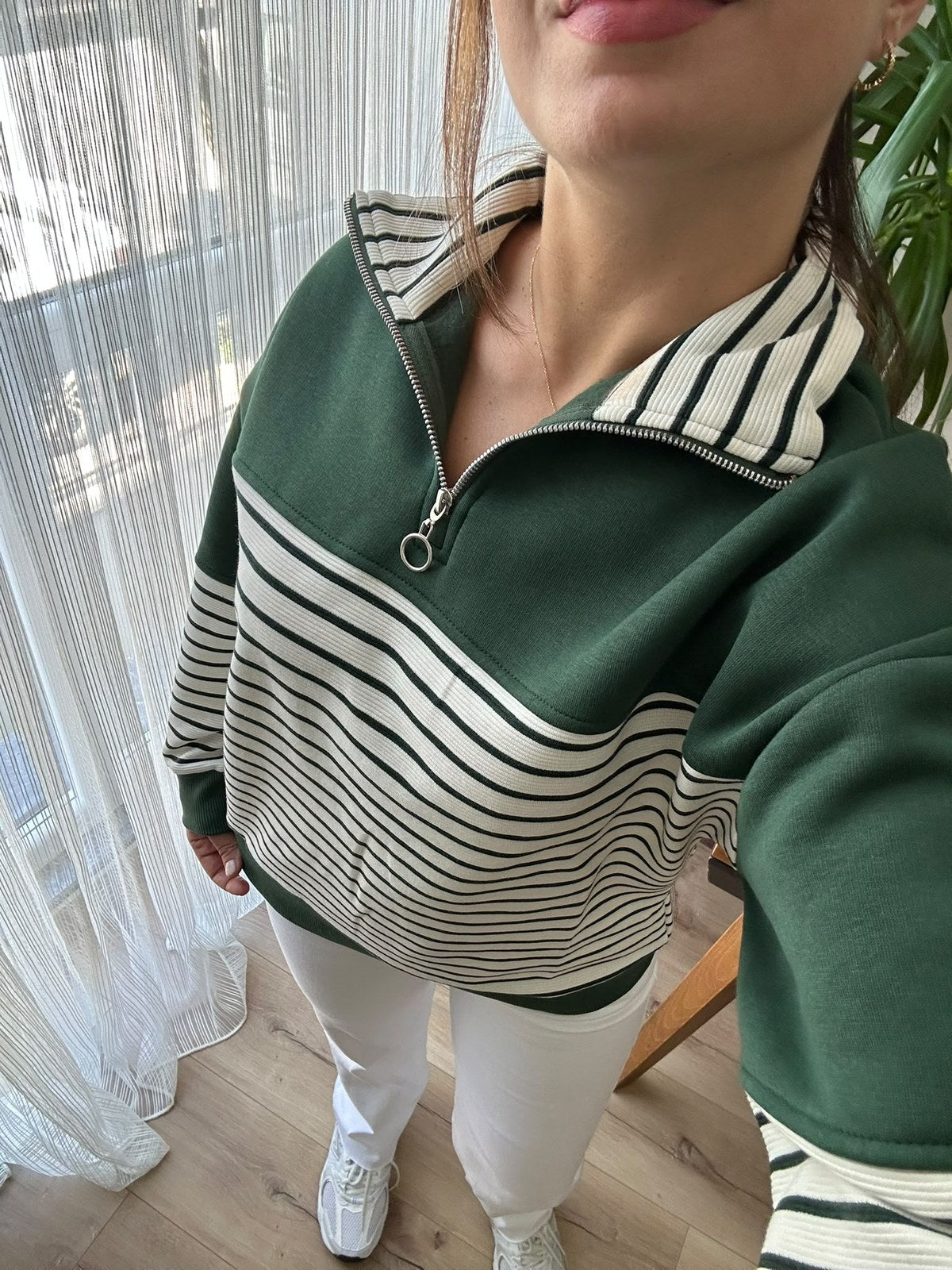 Yeşil Çizgili Yarım Fermuarlı Sweatshirt