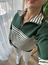 Yeşil Çizgili Yarım Fermuarlı Sweatshirt