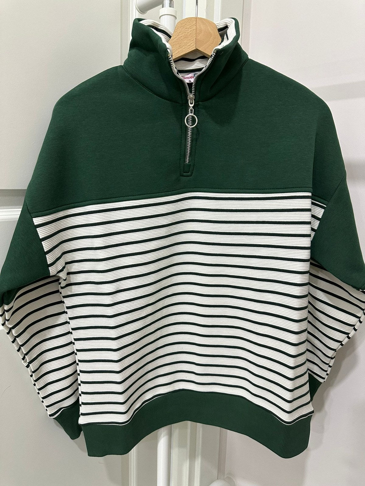 Yeşil Çizgili Yarım Fermuarlı Sweatshirt