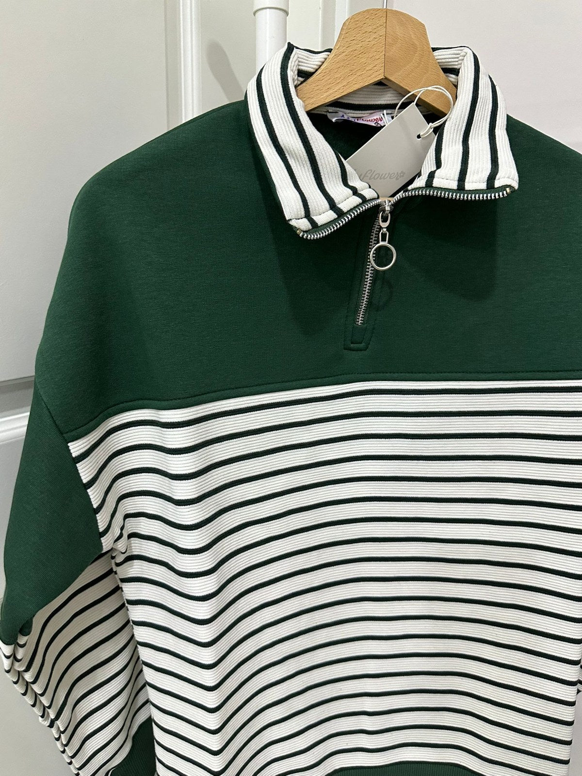 Yeşil Çizgili Yarım Fermuarlı Sweatshirt
