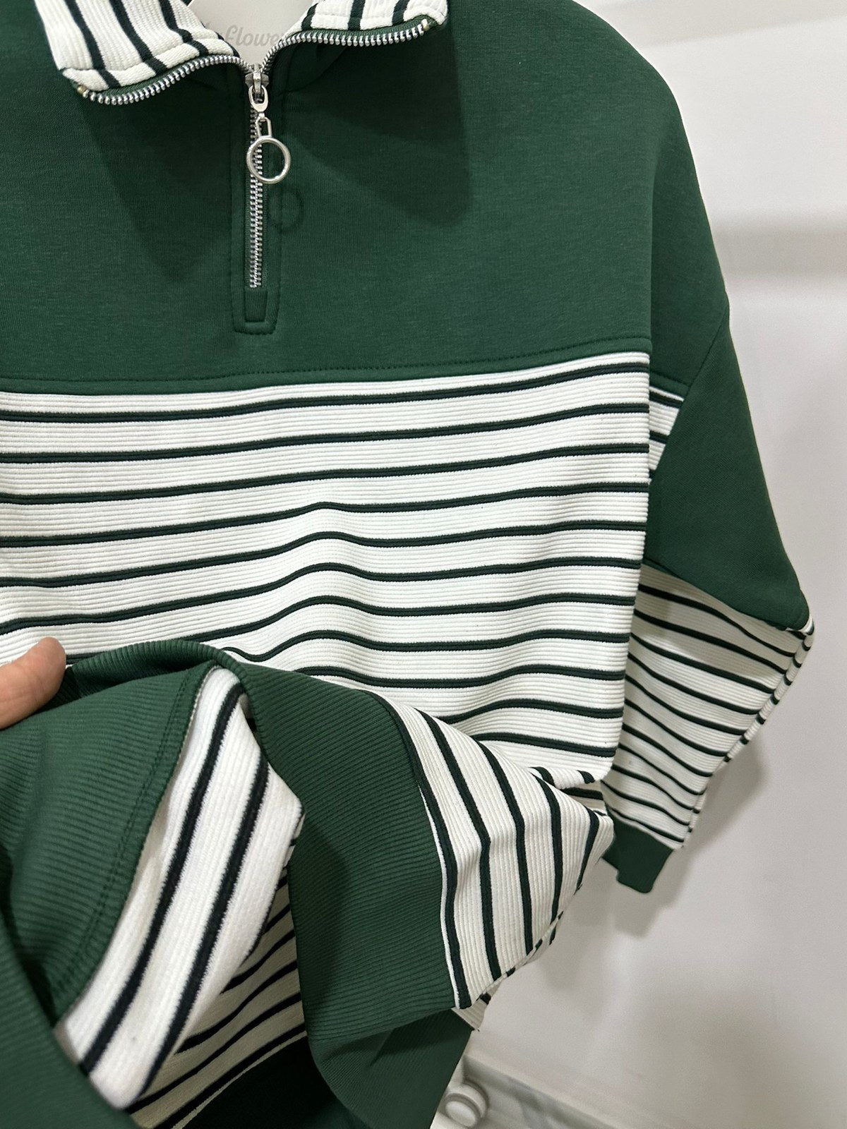 Yeşil Çizgili Yarım Fermuarlı Sweatshirt