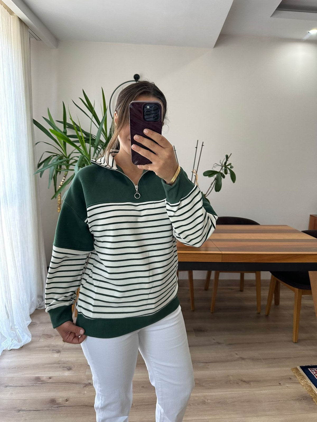 Yeşil Çizgili Yarım Fermuarlı Sweatshirt