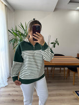Yeşil Çizgili Yarım Fermuarlı Sweatshirt