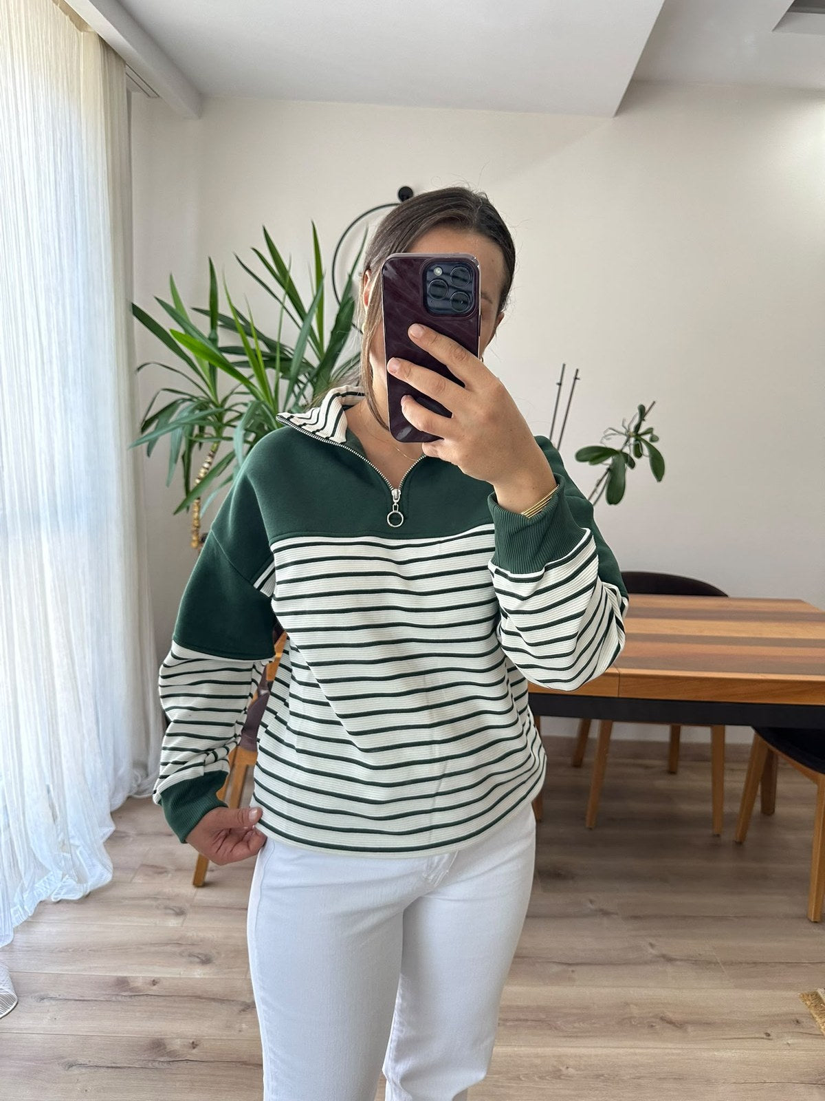 Yeşil Çizgili Yarım Fermuarlı Sweatshirt