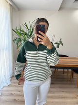 Yeşil Çizgili Yarım Fermuarlı Sweatshirt