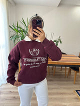Bordo Polo Yaka Baskılı Sweatshirt