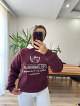 Bordo Polo Yaka Baskılı Sweatshirt