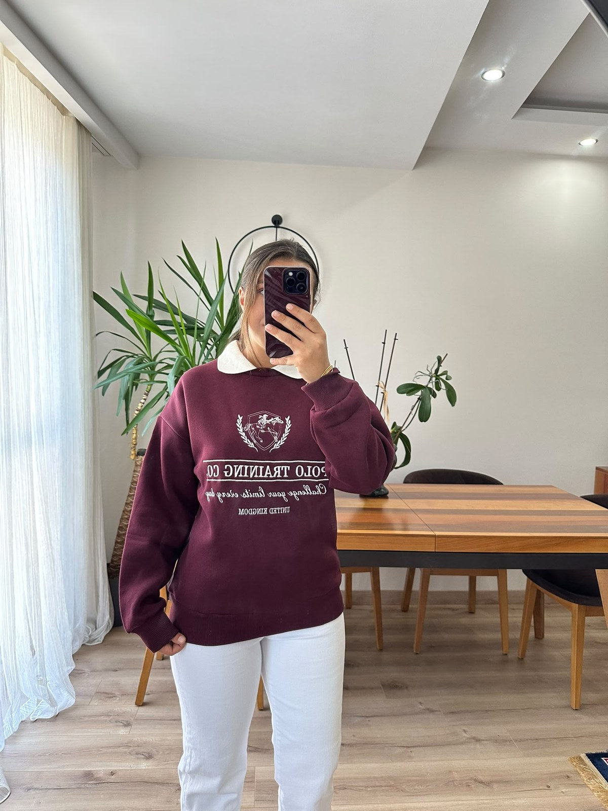Bordo Polo Yaka Baskılı Sweatshirt