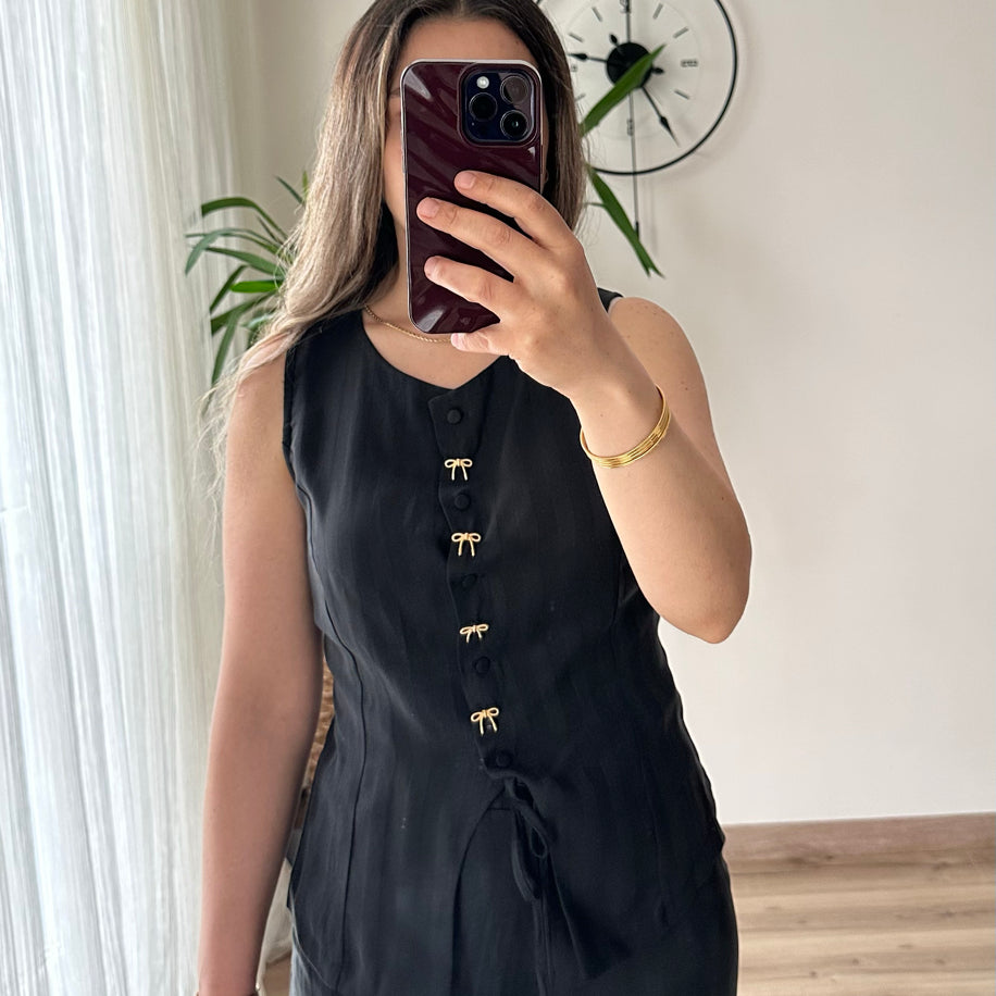 Siyah Fiyonk Düğme Detaylı Premium Takım
