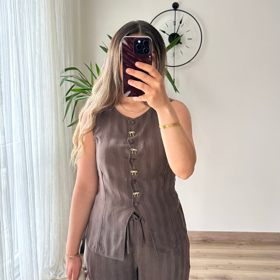 Kahverengi Fiyonk Düğme Detaylı Premium Takım