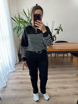 Siyah Çizgili Yarım Fermuarlı Sweatshirt