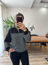 Siyah Çizgili Yarım Fermuarlı Sweatshirt