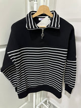 Siyah Çizgili Yarım Fermuarlı Sweatshirt