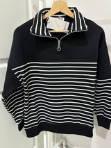 Siyah Çizgili Yarım Fermuarlı Sweatshirt