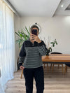 Siyah Çizgili Yarım Fermuarlı Sweatshirt