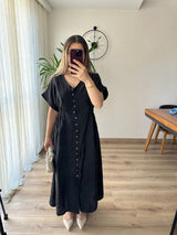 Siyah Boydan Düğmeli Uzun Elbise