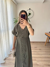 Haki Boydan Düğmeli Uzun Elbise