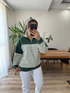 Yeşil Çizgili Yarım Fermuarlı Sweatshirt
