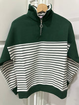 Yeşil Çizgili Yarım Fermuarlı Sweatshirt