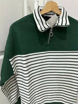 Yeşil Çizgili Yarım Fermuarlı Sweatshirt