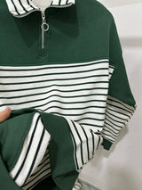 Yeşil Çizgili Yarım Fermuarlı Sweatshirt